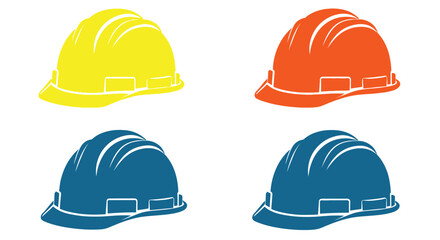 Four colorful construction helmets displayed against a clean white background