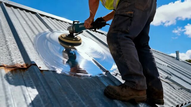 Professional worker polishing a zinc roof to restore its shine under sunny blue skies ensuring longlasting metallic surface durability and corrosion resistance.