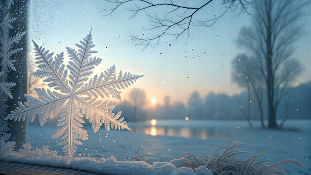 Frosted window with a snowflake and winter landscape at sunrise  