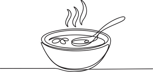Continuous one line drawing of a bowl filled with hot soup, presented ready to be eaten. one line Icon drawing