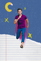 Pop art collage of person run on paper sheets having geometry figures over night background