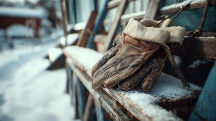 A vintage sled propped up against a snow-covered porch railing, a pair of worn mittens resting on the seat,
