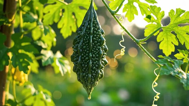 Closeup of a vibrant green bitter gourd hanging from its vine in a lush garden bathed in natural sunlight.