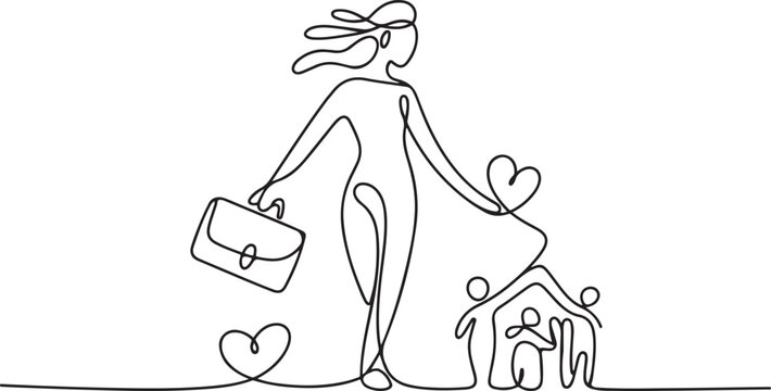 Continuous one line drawing of Woman work life balance icon. Single line drawing Woman work activity. Work life balance concept vector art. one line Icon drawing