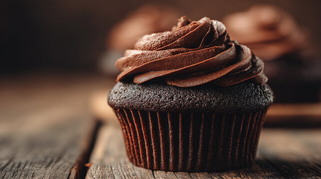 Close up of a chocolate cupcake with chocolate frosting on a wooden surface in soft lighting