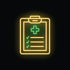 Fototapeta premium Glowing neon medical clipboard with completed checklist and green cross, symbolizing healthcare and successful medical examination