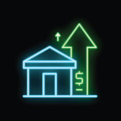 Glowing neon sign representing increasing house prices, booming housing market, and growth in real estate investment