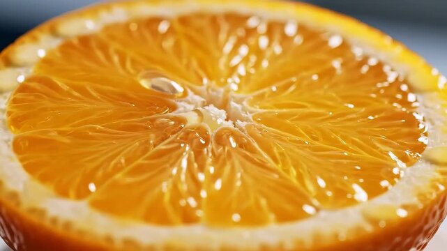 Closeup of a vibrant orange slice with a drop of water.