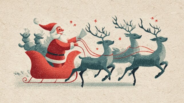 A vintage-style Christmas card illustration featuring Santa Claus and reindeer