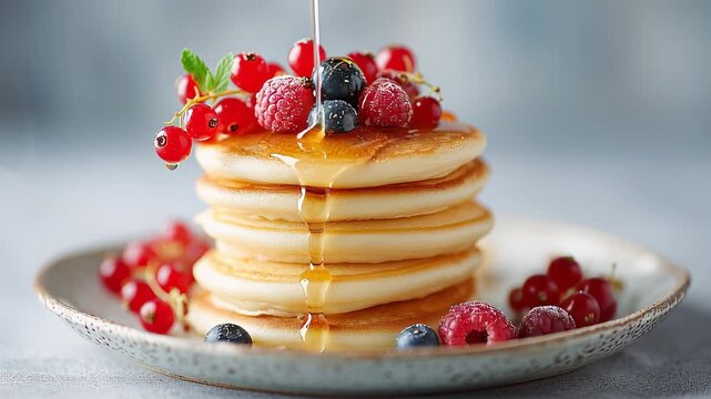 Delicious berry topped pancakes drizzled with syrup on a rustic plate