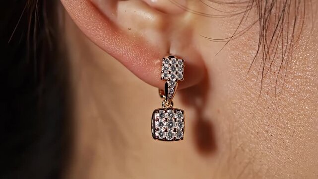 Sparkling gold diamond drop earring jewelry on pierced ear close up elegant glamour detail