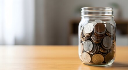 Transparent glass jar overflowing with stacked coins sitting on a light wooden desk, symbolizing financial budgeting concept and long-term investment strategy