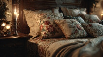 A warm, inviting bed decorated with festive holiday pillows and throws, next to a nightstand with a flickering oil lamp,