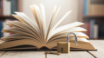 Bright light shining on an open book with a padlock unlocked beside it, representing freedom to learn.