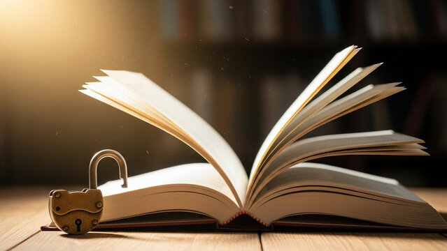 Bright light shining on an open book with a padlock unlocked beside it, representing freedom to learn.