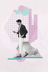 Poster image sketch vertical collage of happy girl guy stand air pollution factory emissions dioxide problem ecology saving