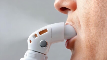asthma patient using inhaler during coughing attack, close-up view, respiratory disease treatment, healthcare and medicine concept