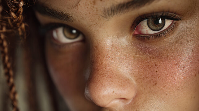 Close up shot of a woman's face with brown eyes and freckles showing detail and skin texture clearly