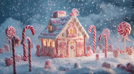 A whimsical gingerbread house surrounded by candy canes and snow