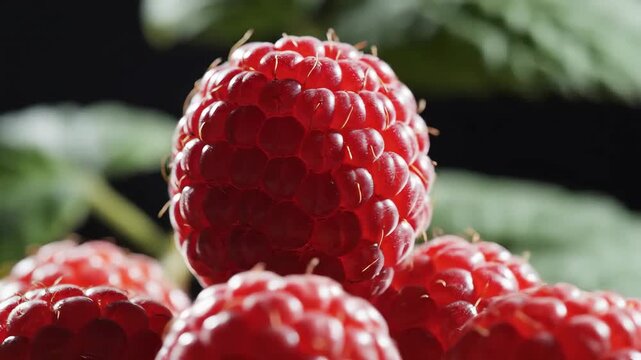 Closeup of Fresh Red Raspberries with Green Leaves in the Background.