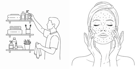 Minimalist Line Art of Daily Self-Care and Bathroom Routines