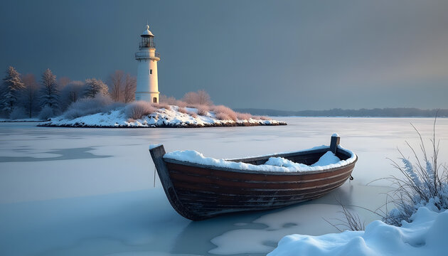 Lonely wooden boat rests on frozen lake near illuminated lighthouse in winter