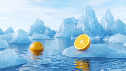 Oranges floating on icebergs in a serene arctic landscape under a clear sky