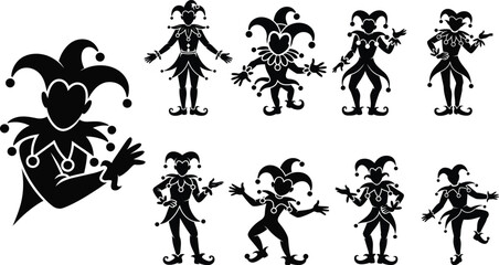 Fototapeta premium Collection of jester silhouettes in various playful poses, isolated on white background, perfect for graphic design and illustration projects.