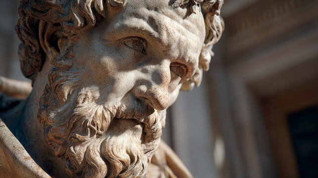 Close up of a weathered stone bust depicting a man with a beard and curly hair looking down slightly - Powered by Adobe