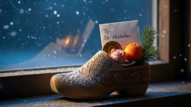Wooden shoe gift Saint Nicholas Eve celebration treats winter evening snow falling outside welcoming winter festival season greeting tradition festive spirit.