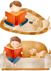 Boy reading aloud to a dog, cozy indoor scene, warm atmosphere