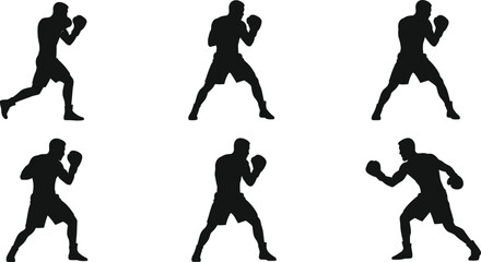 Boxing silhouettes of athlete in fighting stances, training, defense, offense, sparring, martial arts, fitness, competition