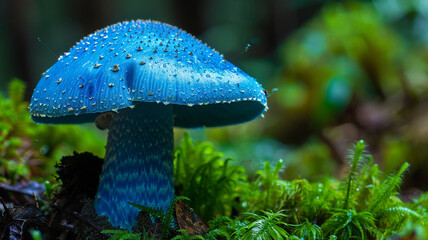 Striking, vibrant indigo milk cap mushroom (Lactarius indigo) growing among bright green moss in a dark forest.