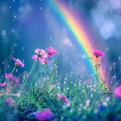 Obraz premium Spring flowers in the grass, seen up close, with a rainbow glowing in the background and gentle rain falling around them.