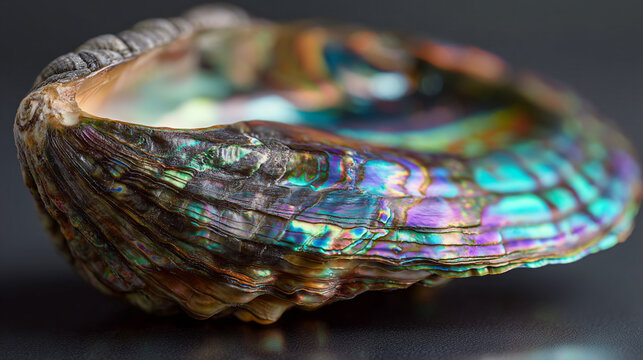 Close up shot of an iridescent abalone shell showing its unique and vibrant colors and textures