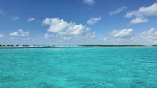 Cruise Trip At Exuma Islands In Black Point Bahamas. Stunning Turquoise Water. Beach Landscape. Shades Of Blue Watercolor. Cruise Trip In Exuma Islands In Black Point Bahamas. Caribbean Background.
