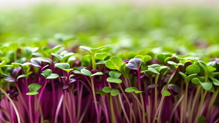 Tiny shoots of microgreens display rich colors in a sunny garden. These healthy herbs boast vibrant greens and purples, packed with vitamins and nutrients for a fresh diet
