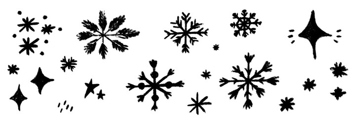 Textured snowflake art with crayon lines and chalk strokes, capturing soft snow vibes. A grunge Christmas illustration where each snowflake feels hand-drawn in crayon and chalk snow textures.
