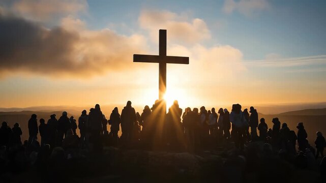 Large crowd gathering on a mountain summit. A solemn cross stands against a radiant golden sunrise, inspiring deep spiritual devotion and heartfelt reverence.