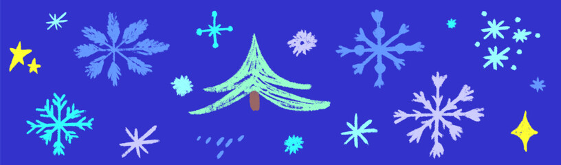Artistic Christmas snowflake elements drawn with crayon strokes and chalk accents. Snowy swirls frame each snowflake, creating a crayon meets chalk snow aesthetic.