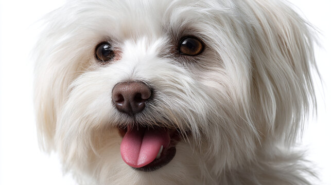 Close up portrait of a fluffy white maltese dog with brown eyes and an open mouth on a white background - Powered by Adobe