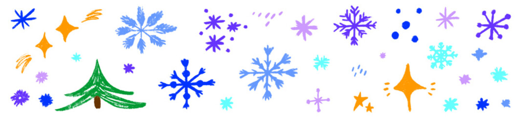 Hand made Christmas snowflake icons blending crayon strokes and chalk shading. Snow accents complete each snowflake, merging crayon detail with chalk styled snow softness.