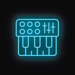 Blue neon icon of a digital piano keyboard glowing on black background
