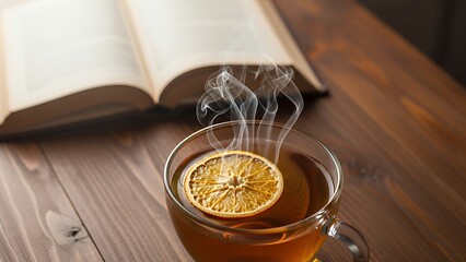 A cup of tea with orange and book on wooden table