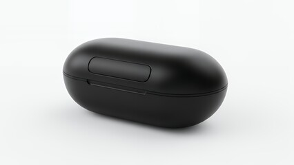A black wireless earbuds case on a white surface