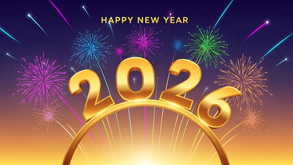 Golden year two thousand twenty six with fireworks and happy new year text on a gradient background silhouette