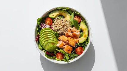A bowl of salad with avocado and grilled salmon