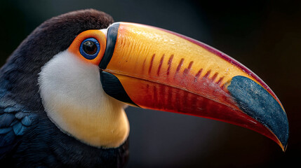 Obraz premium Close up of a toucan bird with a large colorful beak and bright blue eye on a dark background
