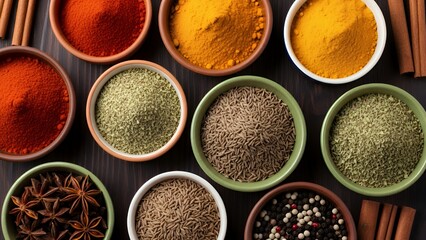 Assorted spices in bowls on a dark wooden surface