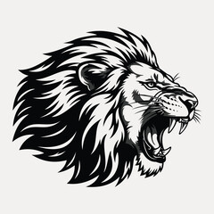 Obraz premium Fierce roaring lion head profile in black and white vector illustration, isolated on vector illustration